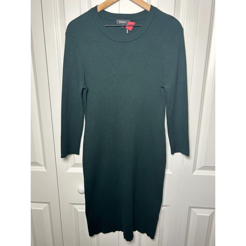 DKNY Ribbed Knit Sweater Dress Dark Green Crew Neck Midi Size L